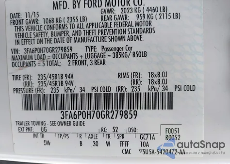 2016 Ford Fusion Se из США, поврежденный, VIN 3FA6P0H70GR279859